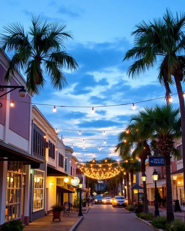 Downtown Stuart, Florida at dusk with string lights and palm trees